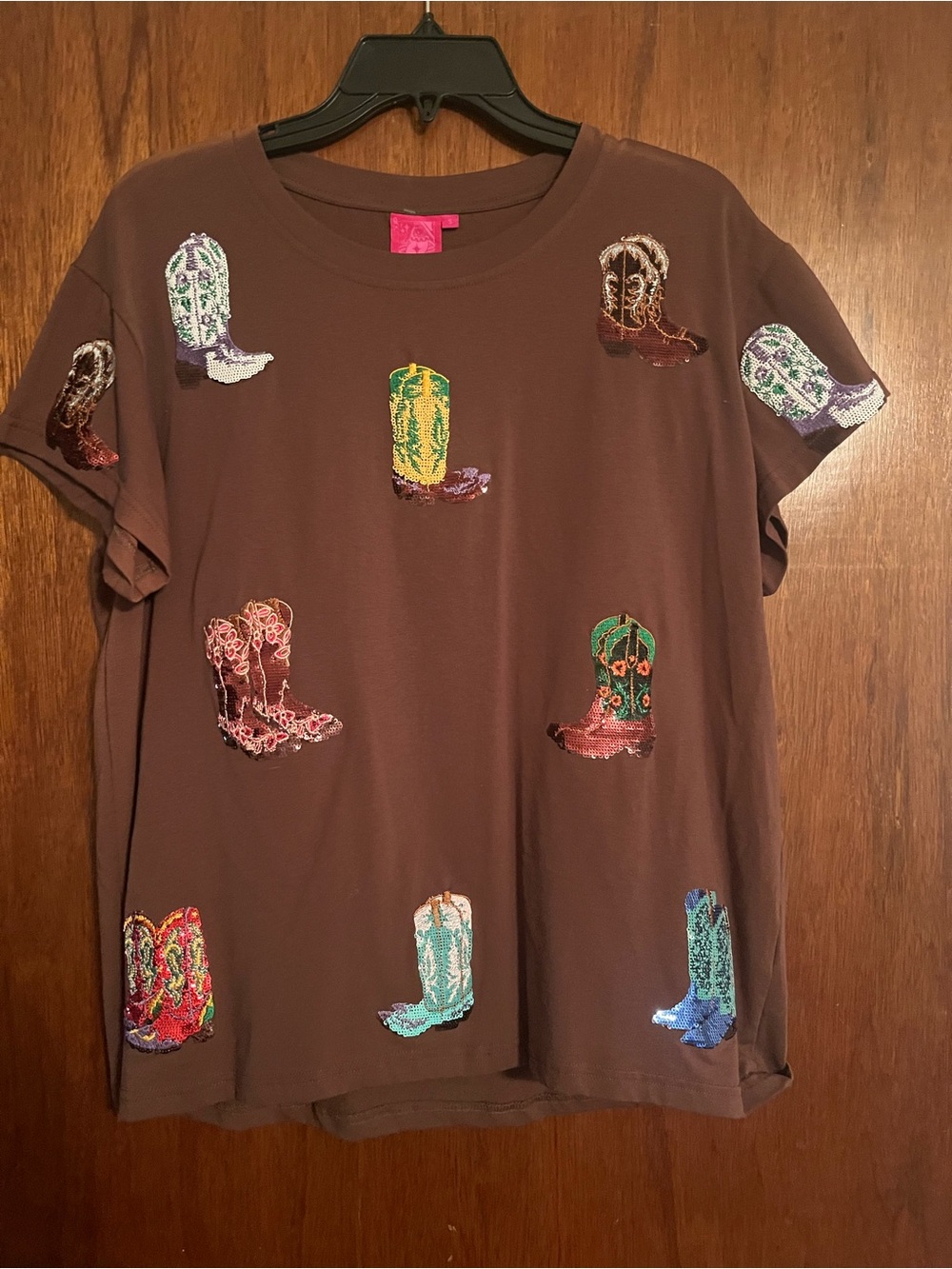 QUEEN OF SPARKLES Brown Tee with Multicolored Embroidered Cowboy Boots